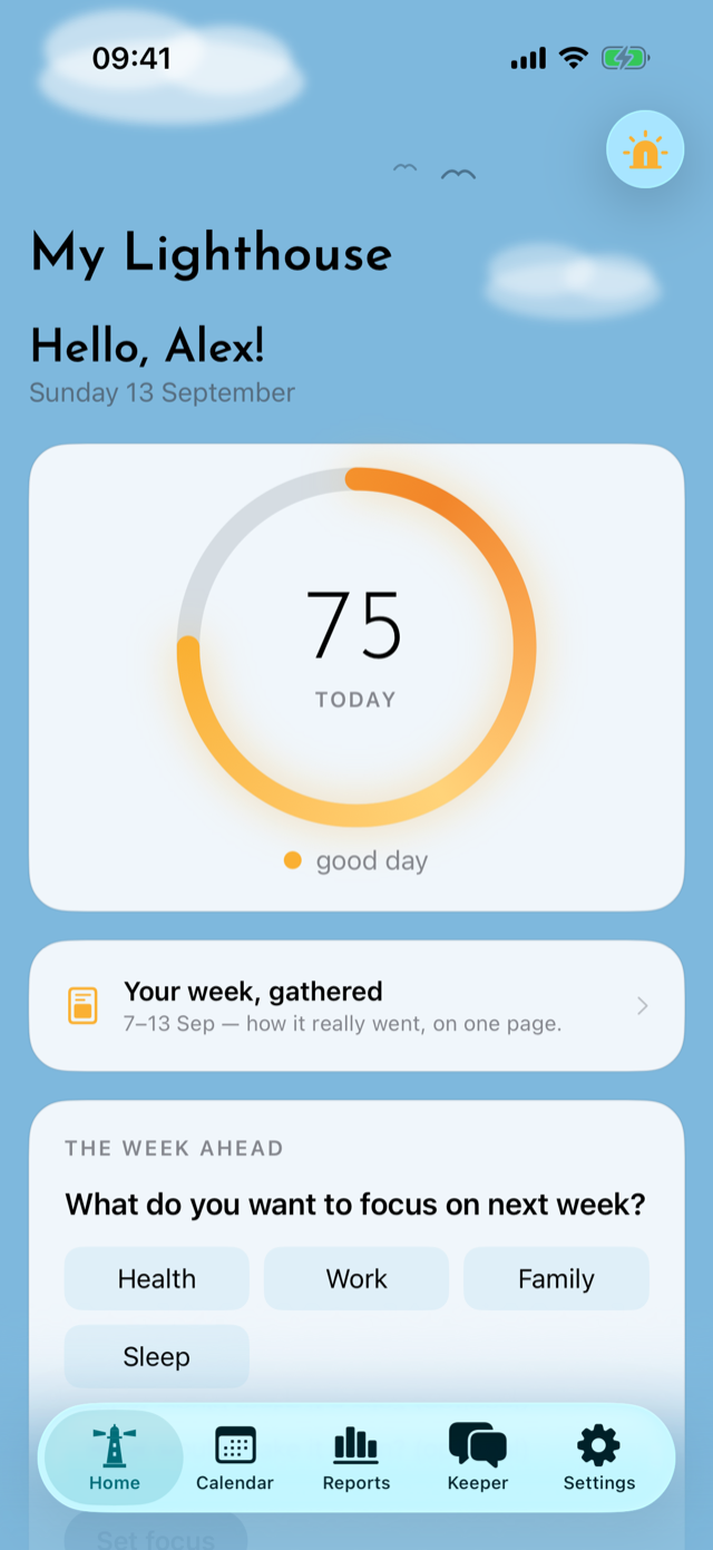 The home screen — today's light, your week gathered, and the week ahead