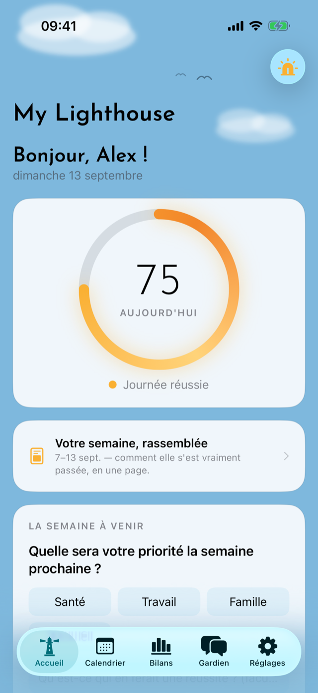 L'écran d'accueil de My Lighthouse, en français