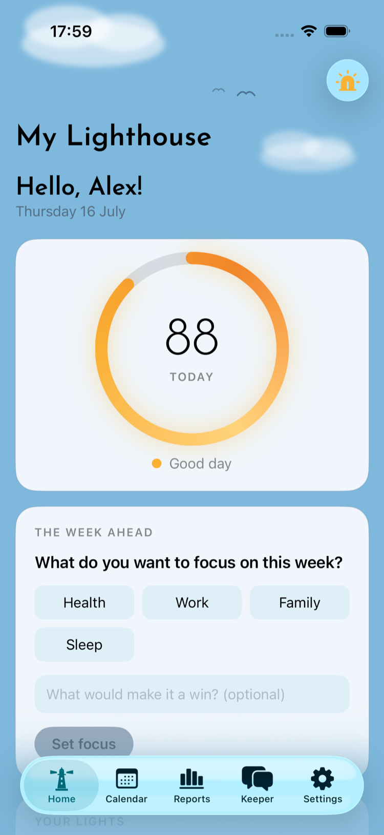 The home screen — today's light and the week's dots